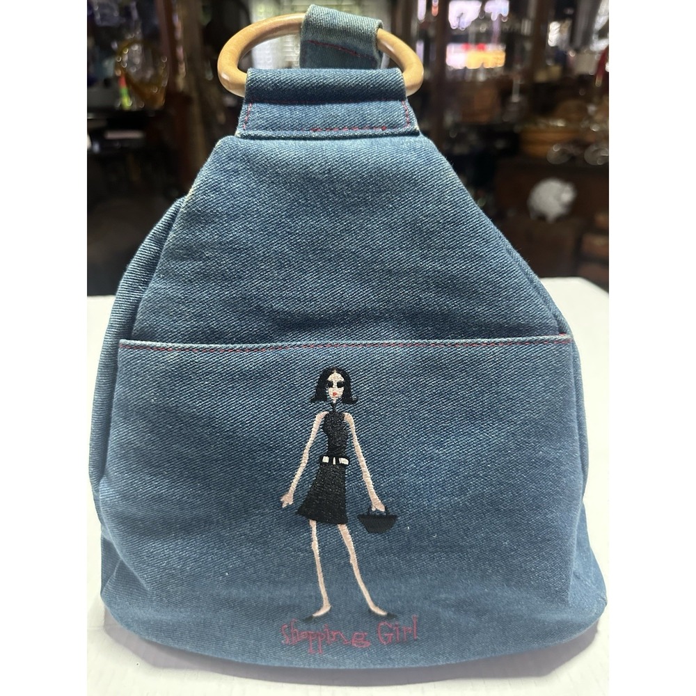 The Girls Sunny Hawaii Gold Shopping GirlBlue Jean Denim Backpack Sling Tote Bag